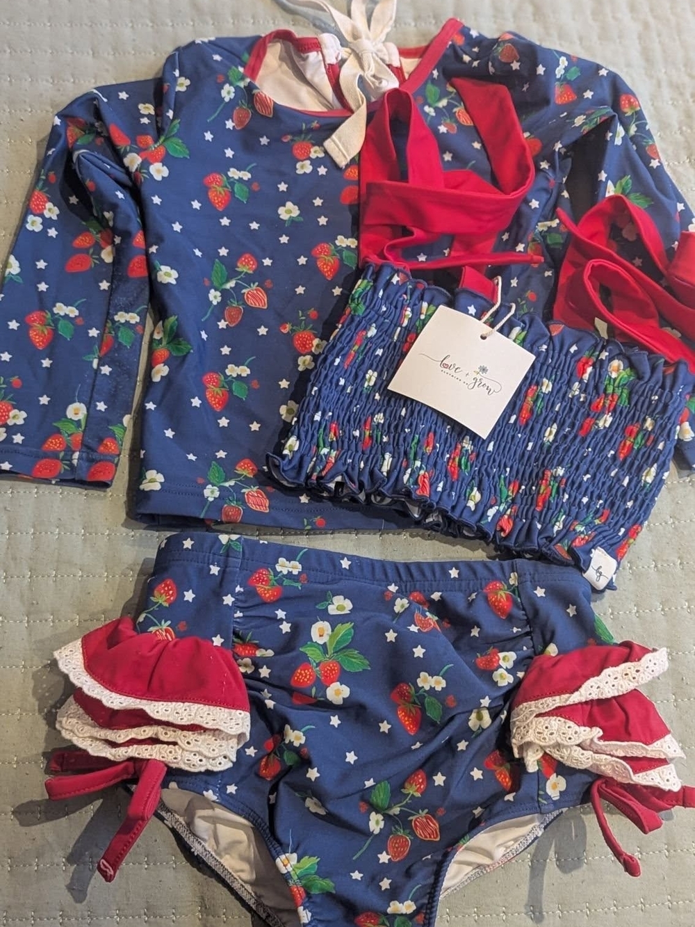 Navy Strawberry Ruffle Girls' Pajama Swim Set